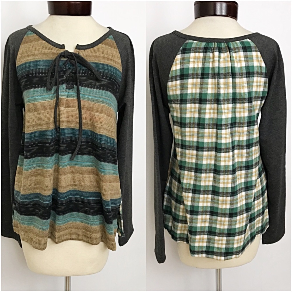Soft Chic LaceUp Plaid Striped Colorblock Top S - Picture 7 of 8
